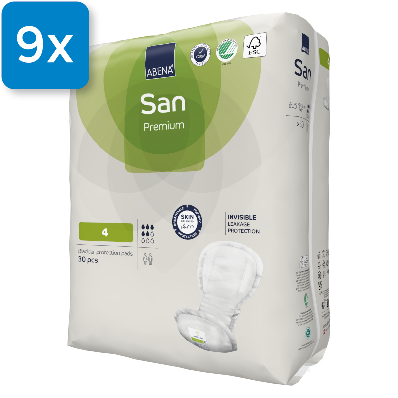 Vorderseite der Verpackung der Abena San Premium 4. Oben links ist ein blaues Viereck mit der Aufschrift "9x" zu sehen, welches signalisiert, dass neun Packungen in einem Karton enthalten sind.